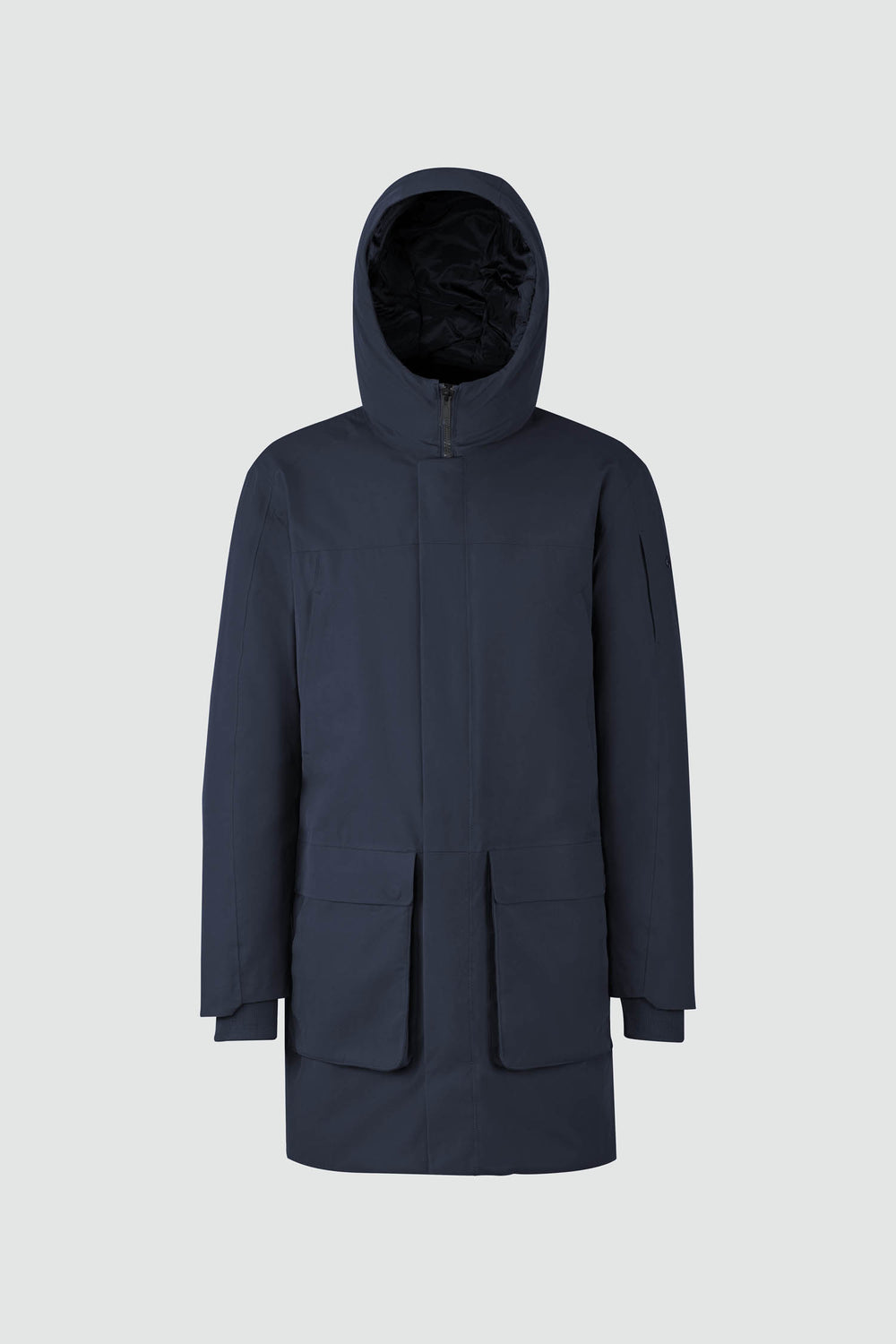 Jacket outline with measurement points: A chest, B waist, C sleeve length, D centre back length