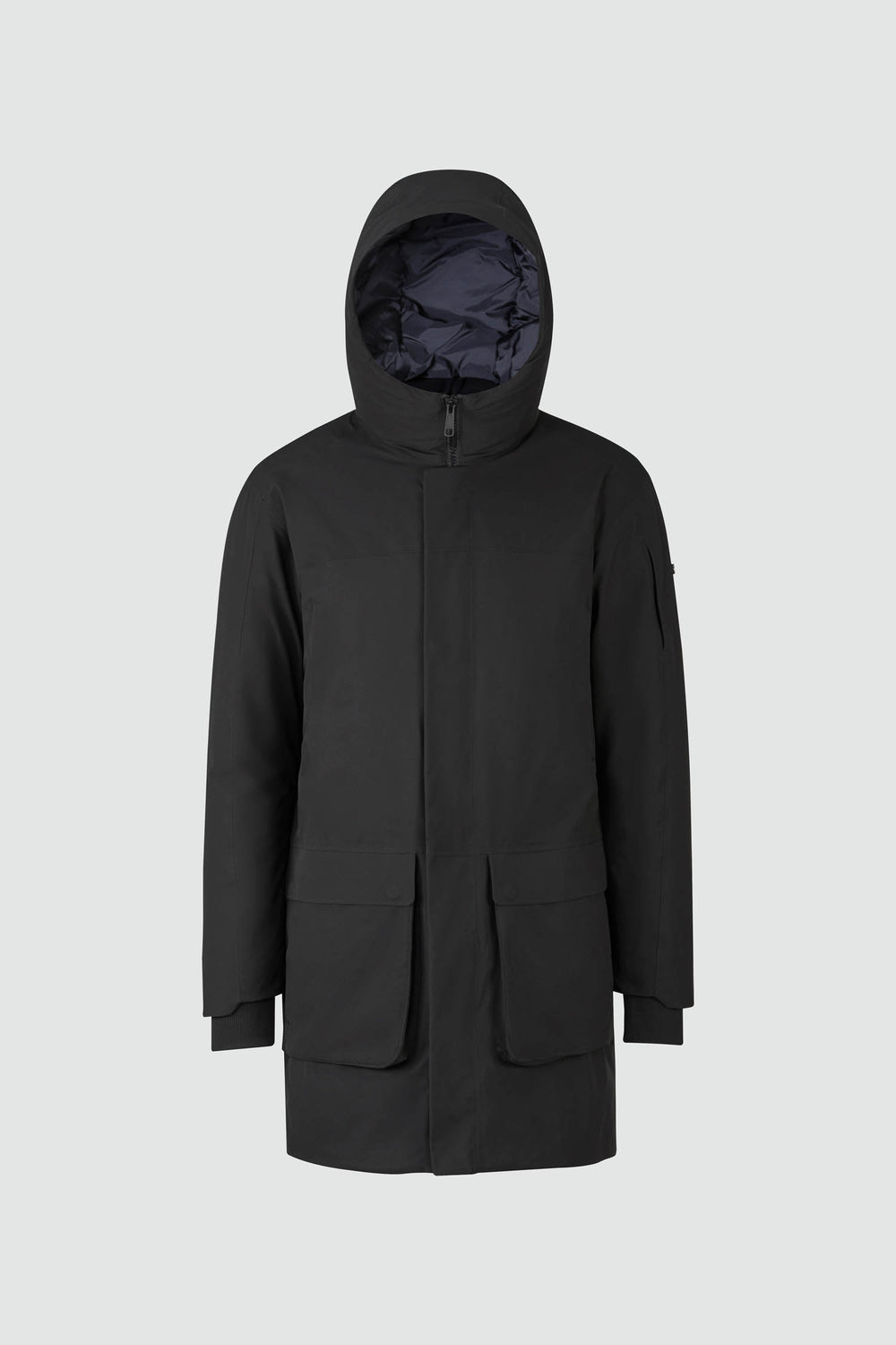 Silhouette de veste avec points de mesure : A poitrine, B taille, C longueur de manche, D longueur dos au milieu