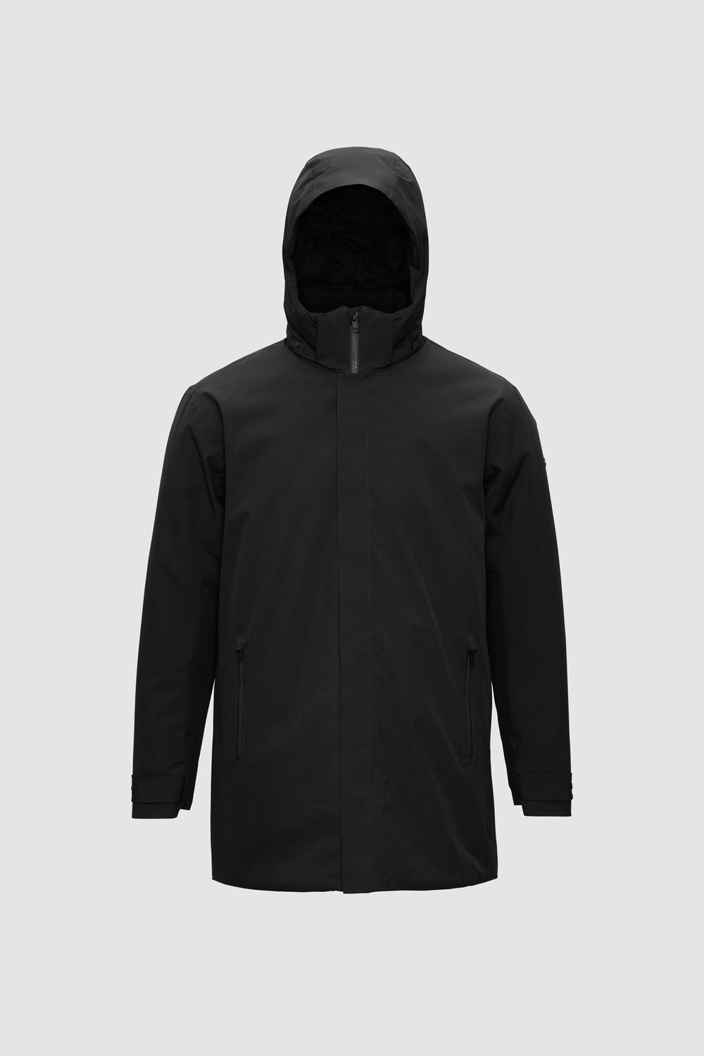 Jacket outline with measurement points: A chest, B waist, C sleeve length, D centre back length