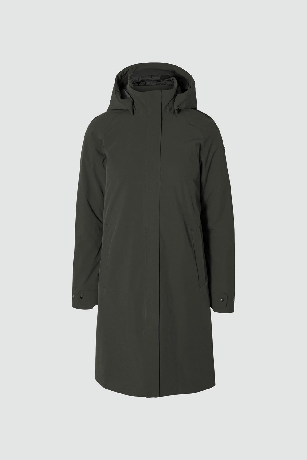 Jacket outline with measurement points: A chest, B waist, C sleeve length, D centre back length