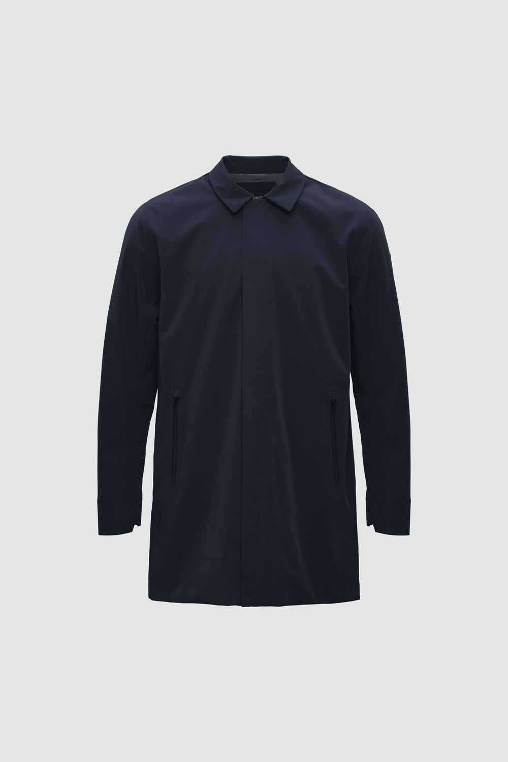 Jacket outline with measurement points: A chest, B waist, C sleeve length, D centre back length