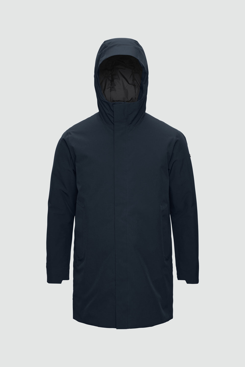 Jacket outline with measurement points: A chest, B waist, C sleeve length, D centre back length