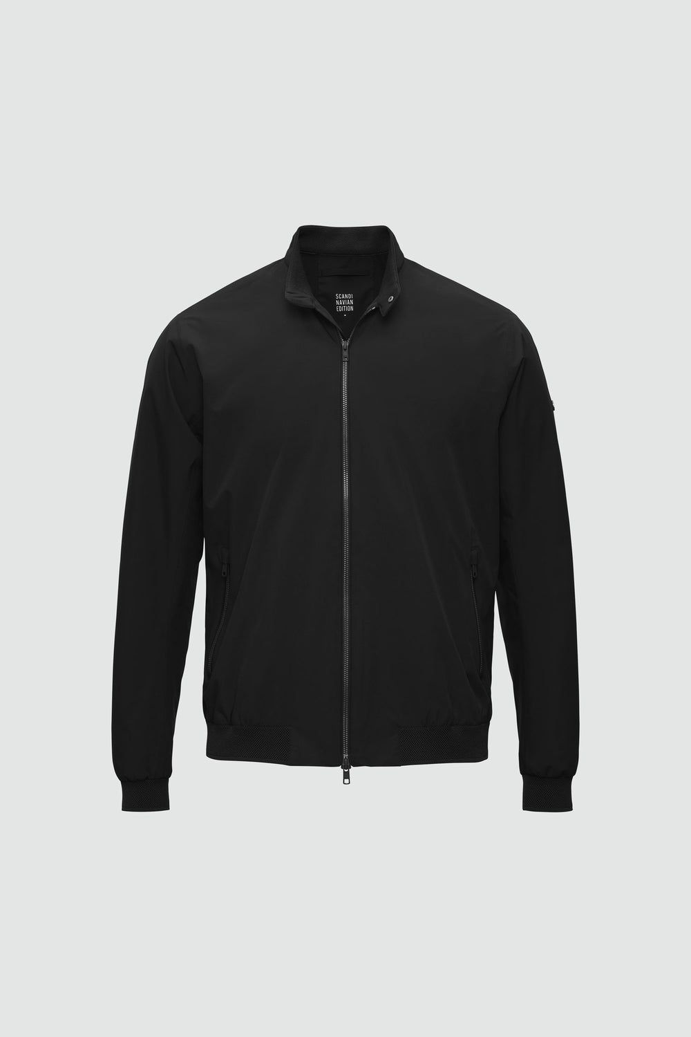 Jacket outline with measurement points: A chest, B waist, C sleeve length, D centre back length