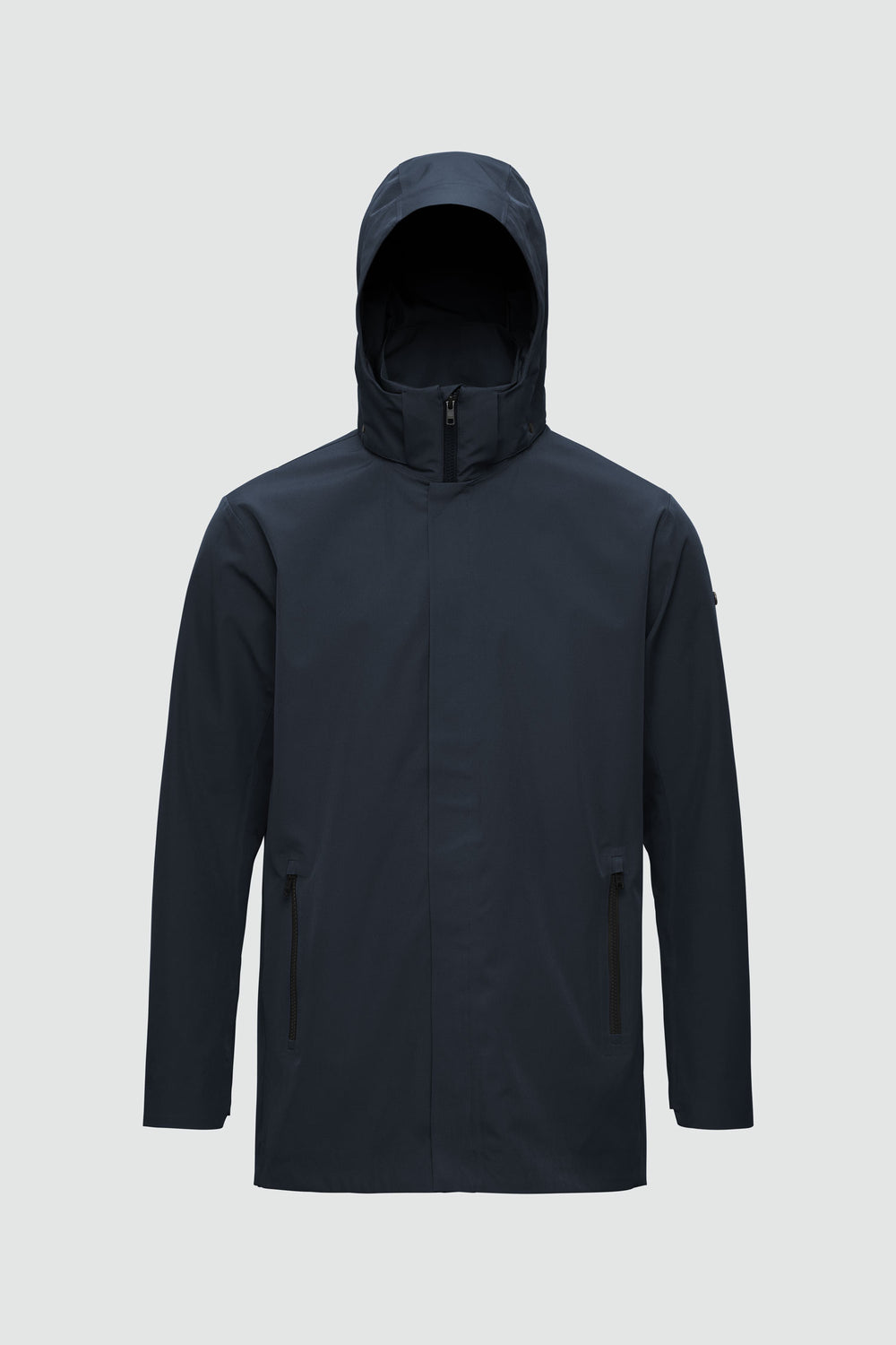 Jacket outline with measurement points: A chest, B waist, C sleeve length, D centre back length