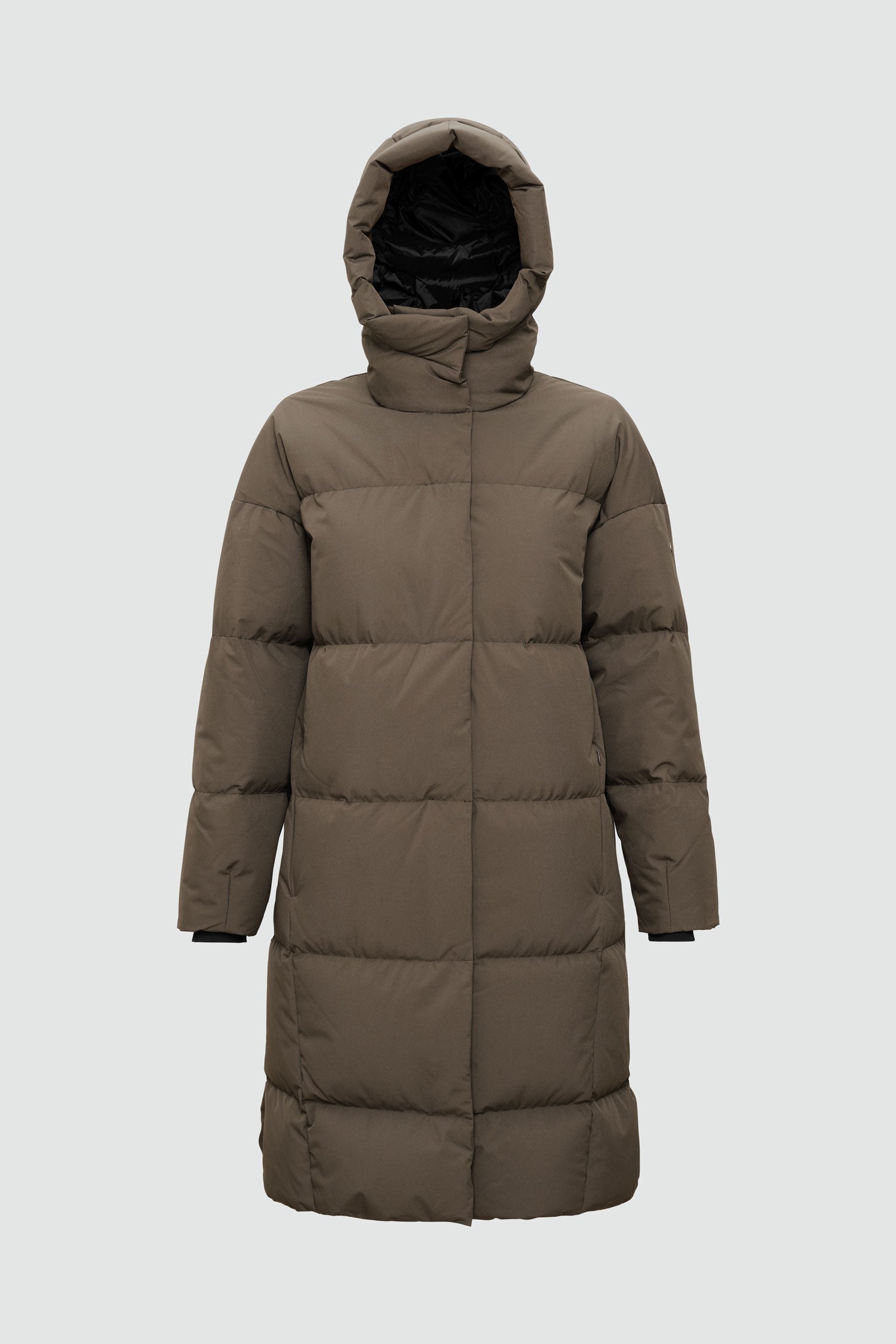 Brown puffer coat with a hood on a light gray background