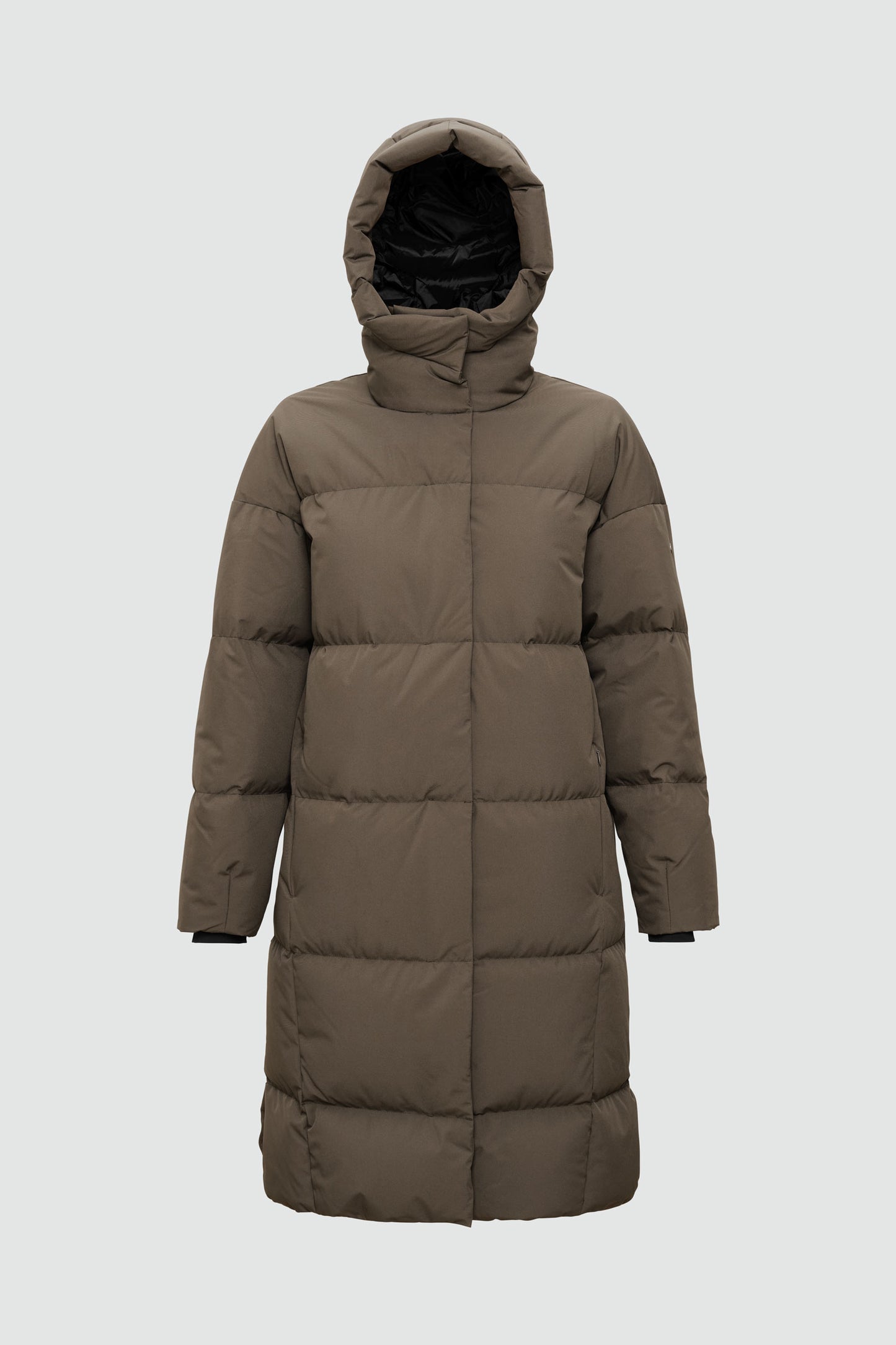 Brown puffer coat with a hood on a light gray background