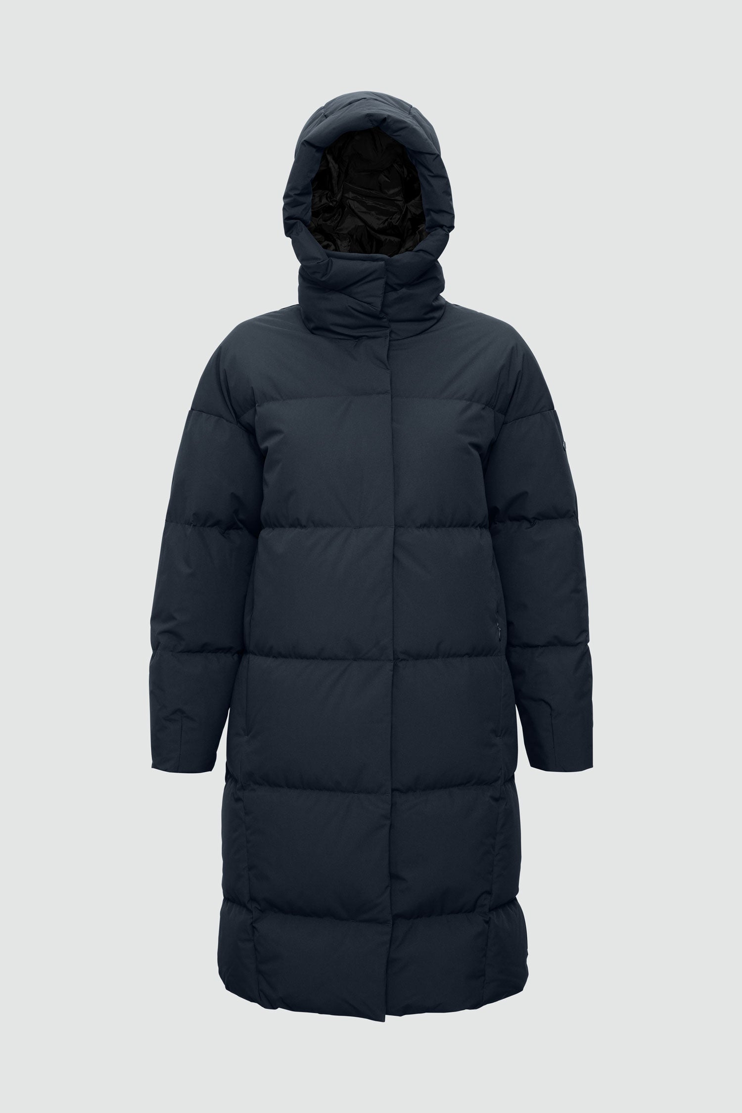 Black puffer coat with a hood on a light gray background