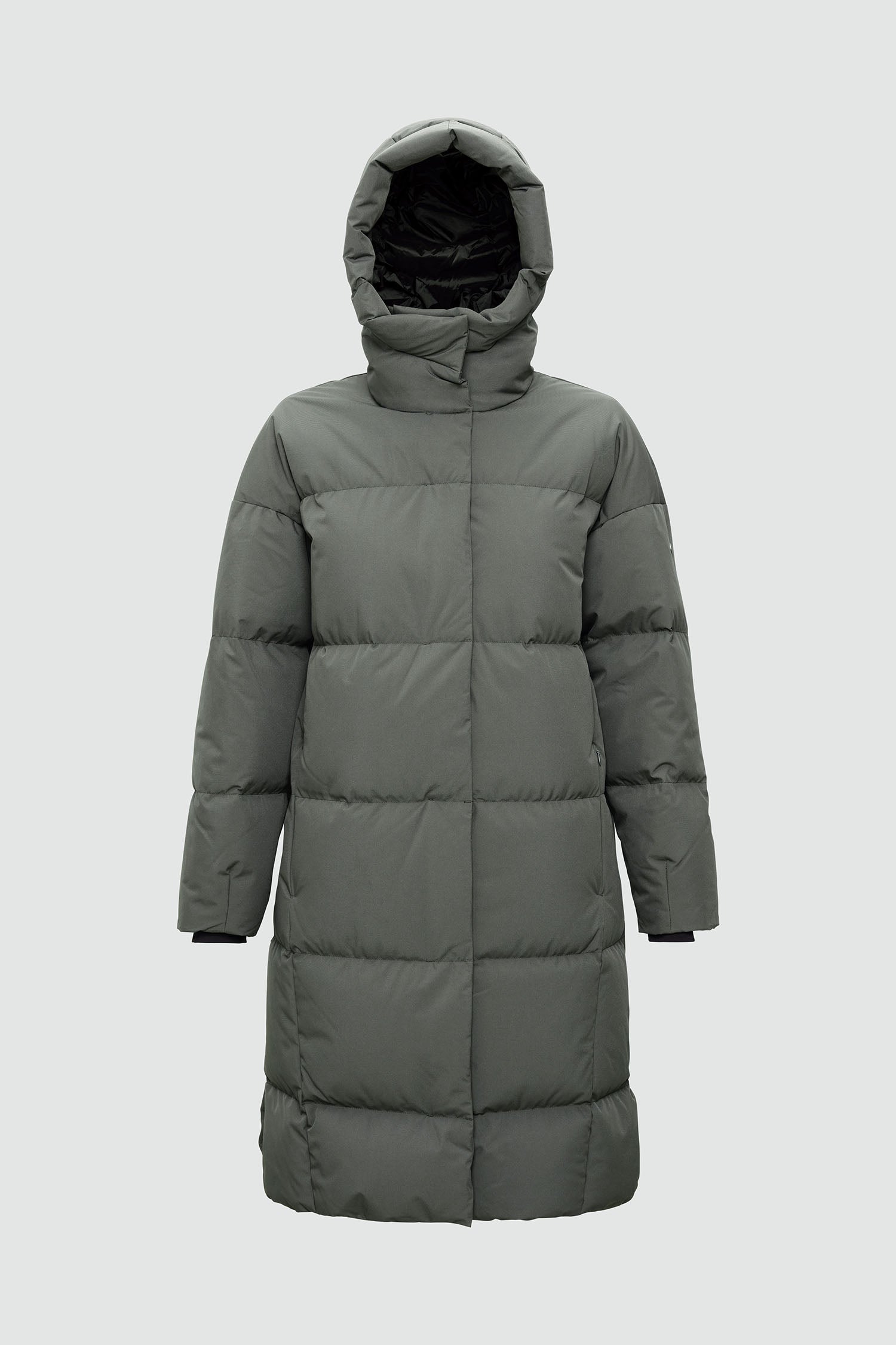 Long gray puffer coat with a hood on a light gray background
