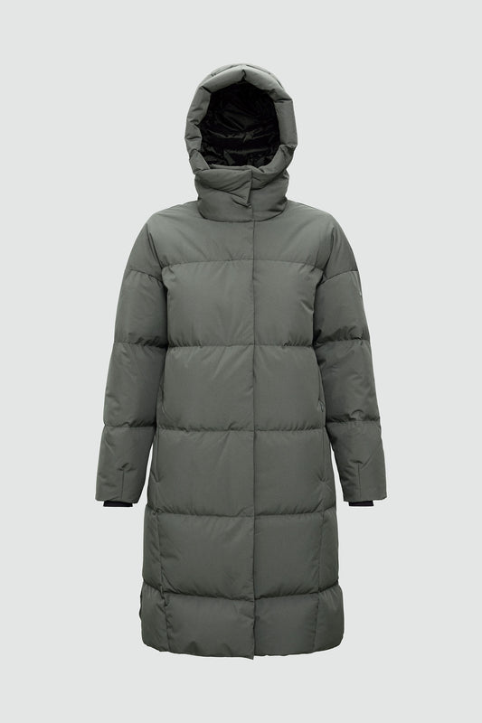 Long gray puffer coat with a hood on a light gray background
