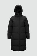 Black puffer coat with a hood on a light gray background