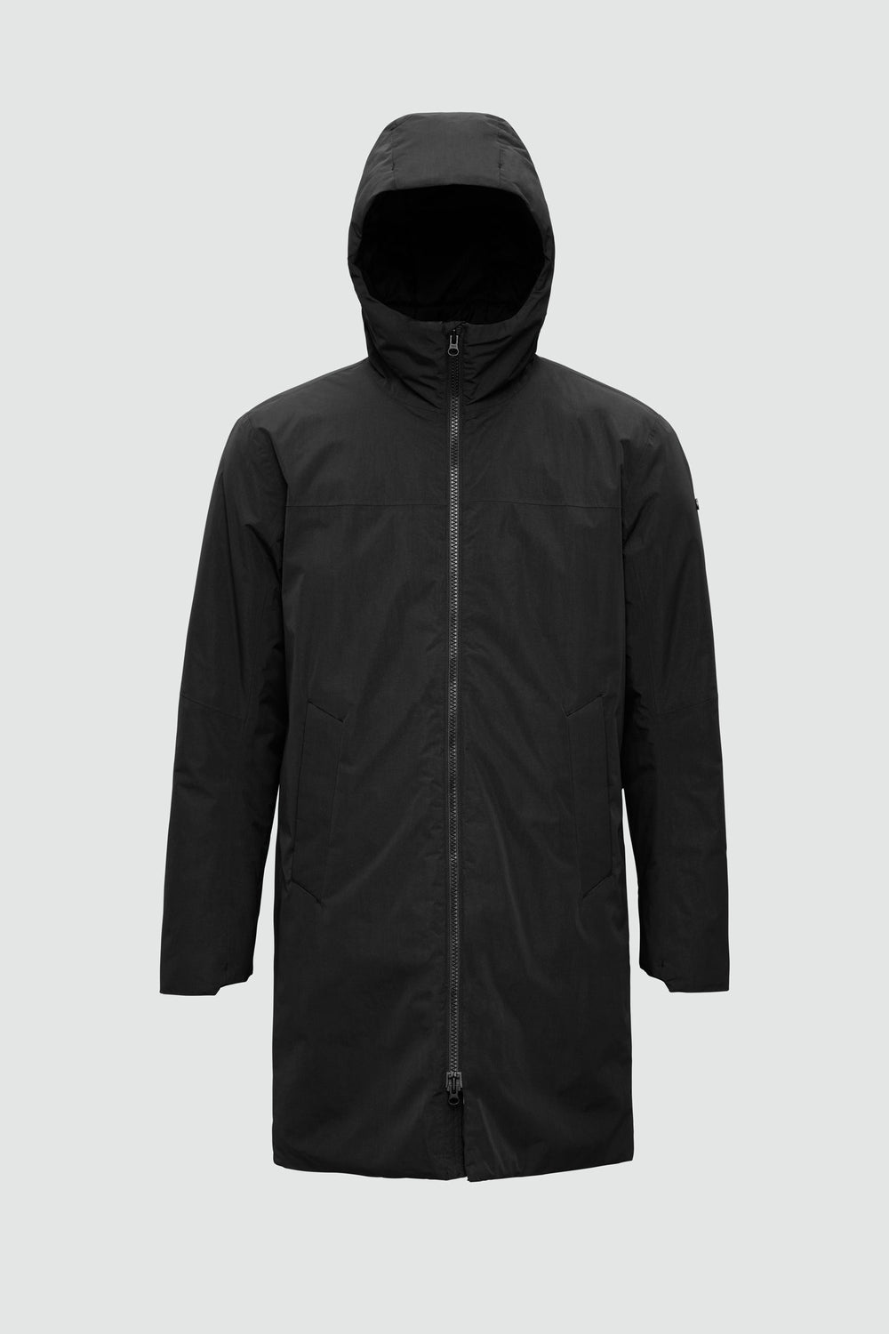 Jacket outline with measurement points: A chest, B waist, C sleeve length, D centre back length