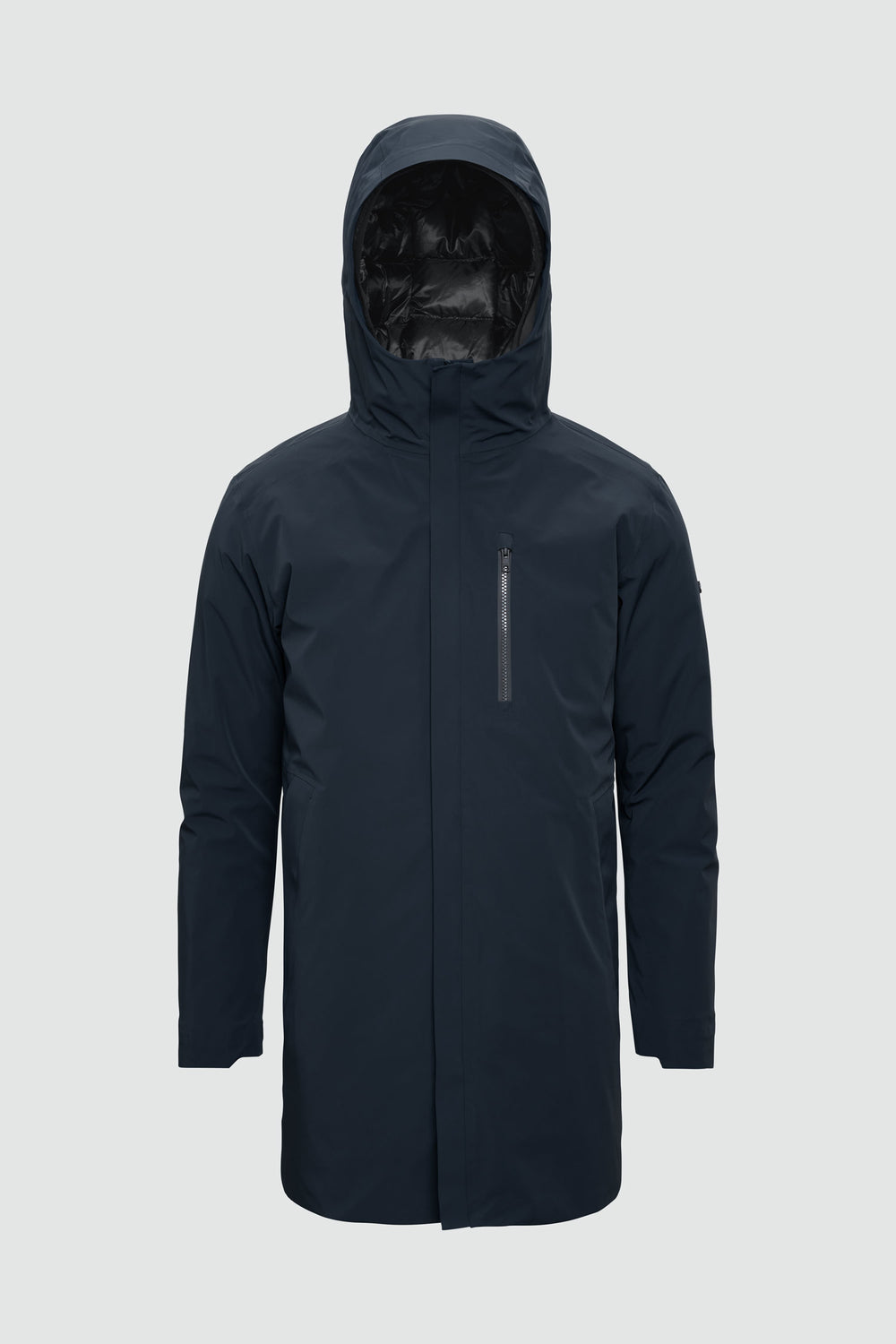 Silhouette de veste avec points de mesure : A poitrine, B taille, C longueur de manche, D longueur dos au milieu